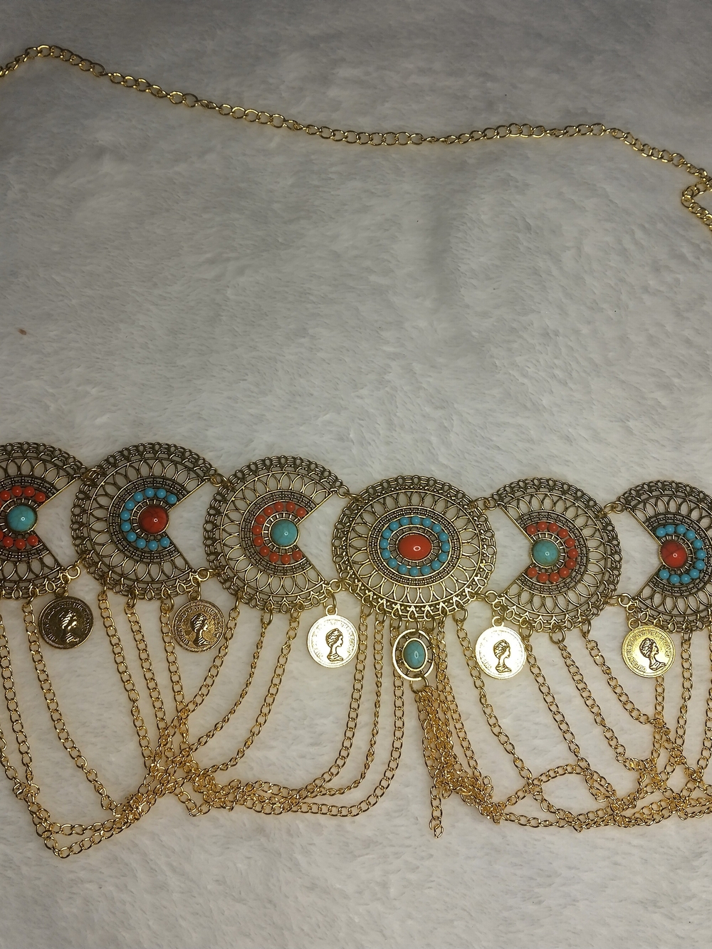 Gold Medallion Waist Chain Belt with Turquoise and Coral Accents - - Picture 5 of 5